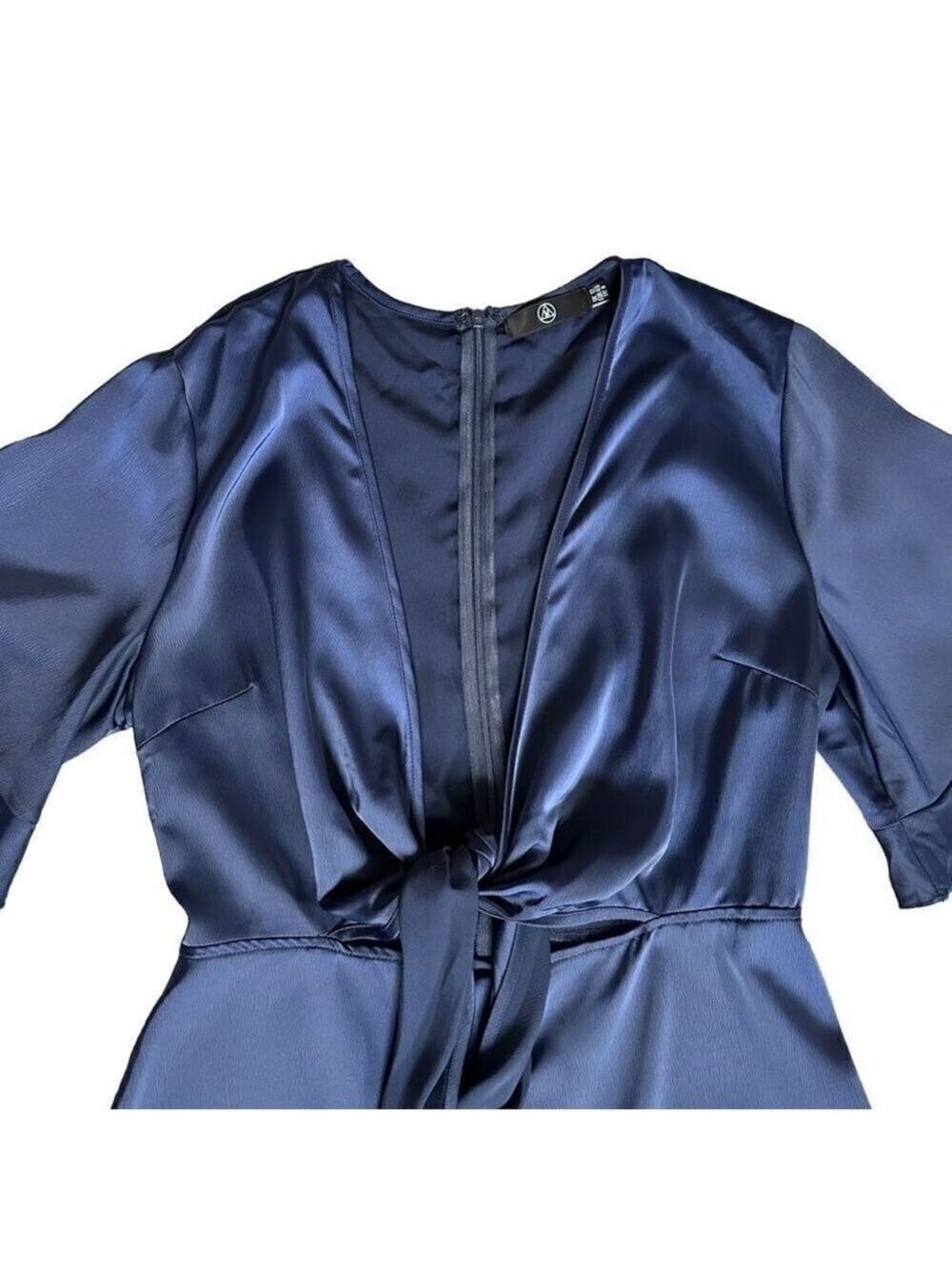 Missguided Tie Front Cutout Satin Navy Blue Shorts Romper Sz 8 - Picture 8 of 16